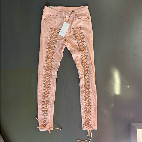 Gucci Resort 2019 Pink Lace Up Skinny Jeans